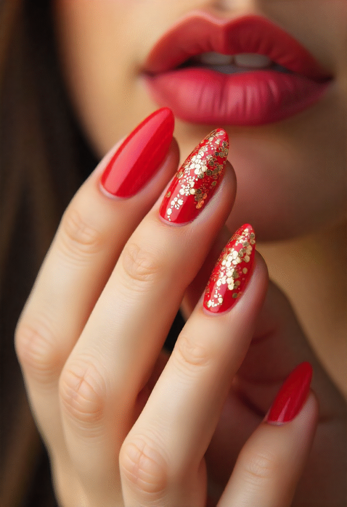 Matte Red & Bold Nails with Rhinestones