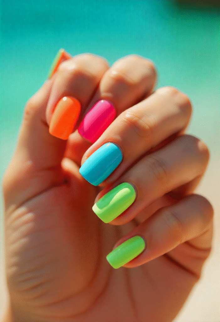 Nails art verano 2025 con diseños coloridos y vibrantes en tonos tropicales.