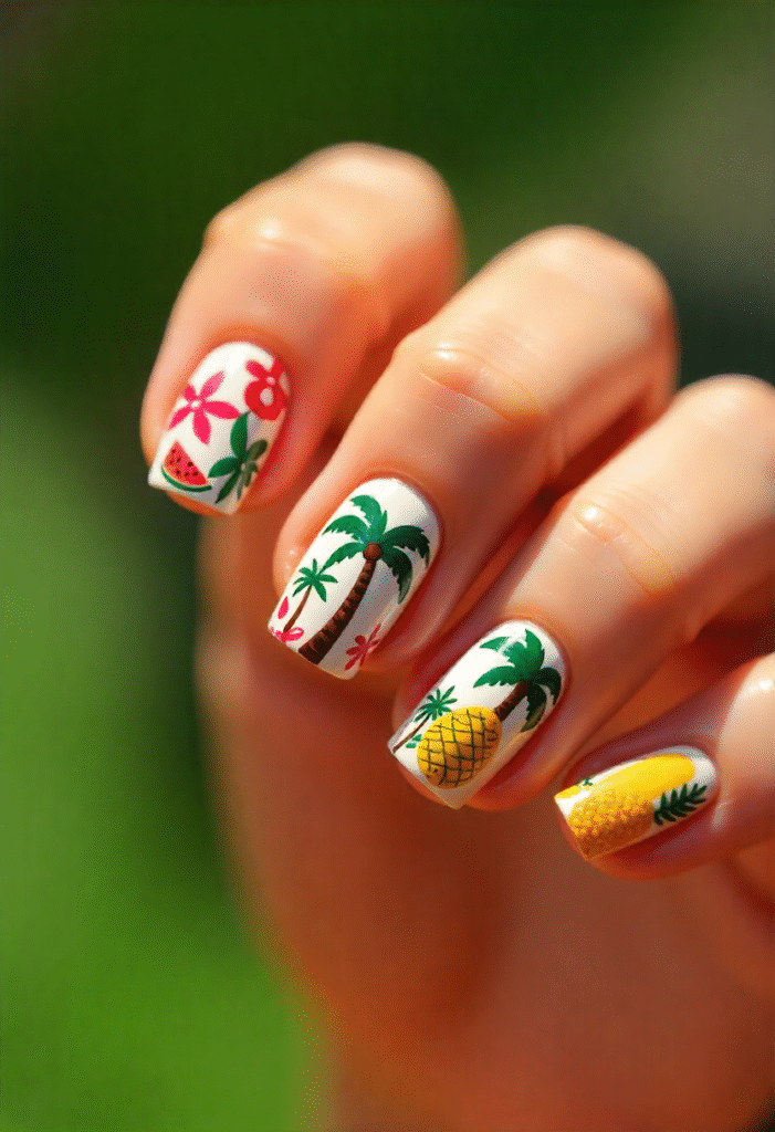 Nails art verano tropical con palmeras, frutas y colores llamativos