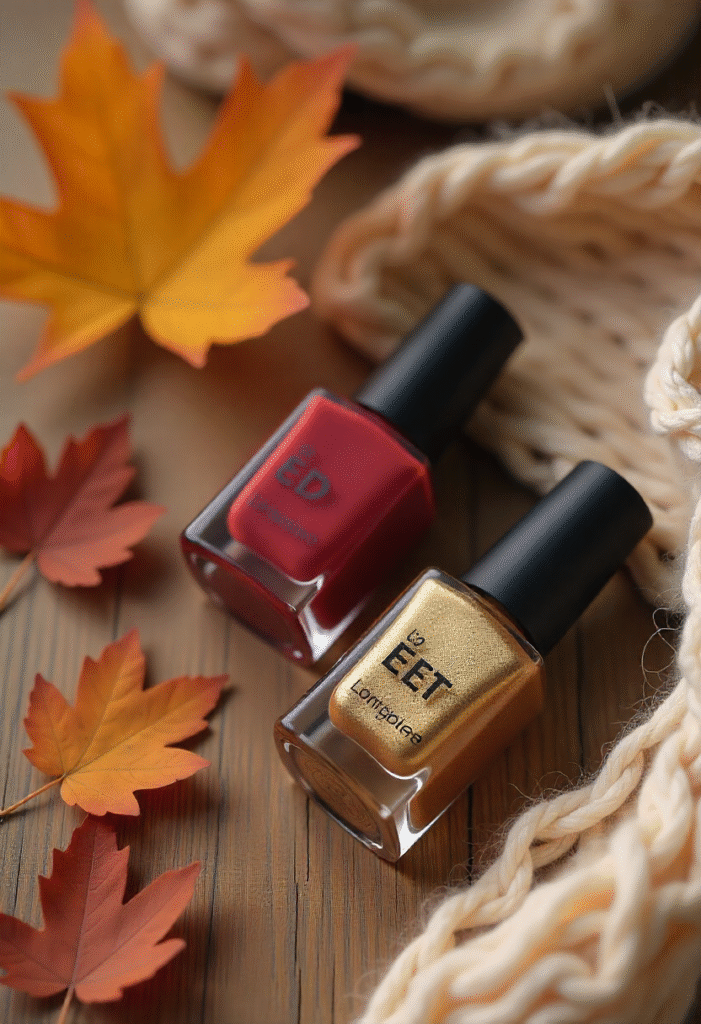 13 Flat lay of autumn nail polish bottles in warm earthy tones with cozy fall accents