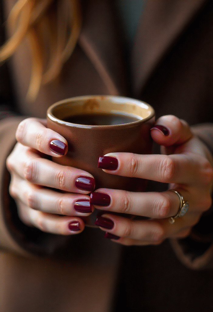 Hands with glossy deep burgundy fall nails holding a warm coffee mug