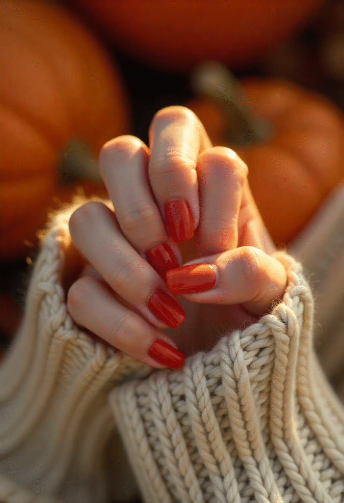 Close-up of rusty orange autumn nails paired with a chunky knit sweater