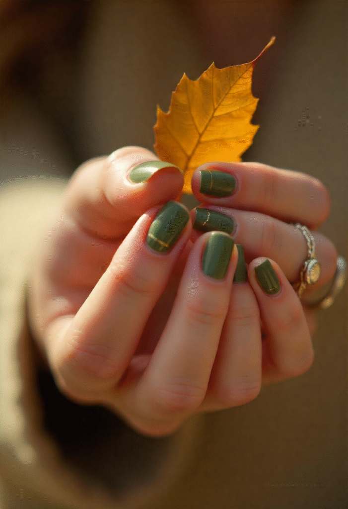 Earthy olive green nails with subtle gold accents holding a golden autumn leaf