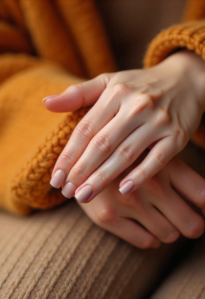 Warm neutral-toned manicure in beige and taupe resting on cozy fall fabric