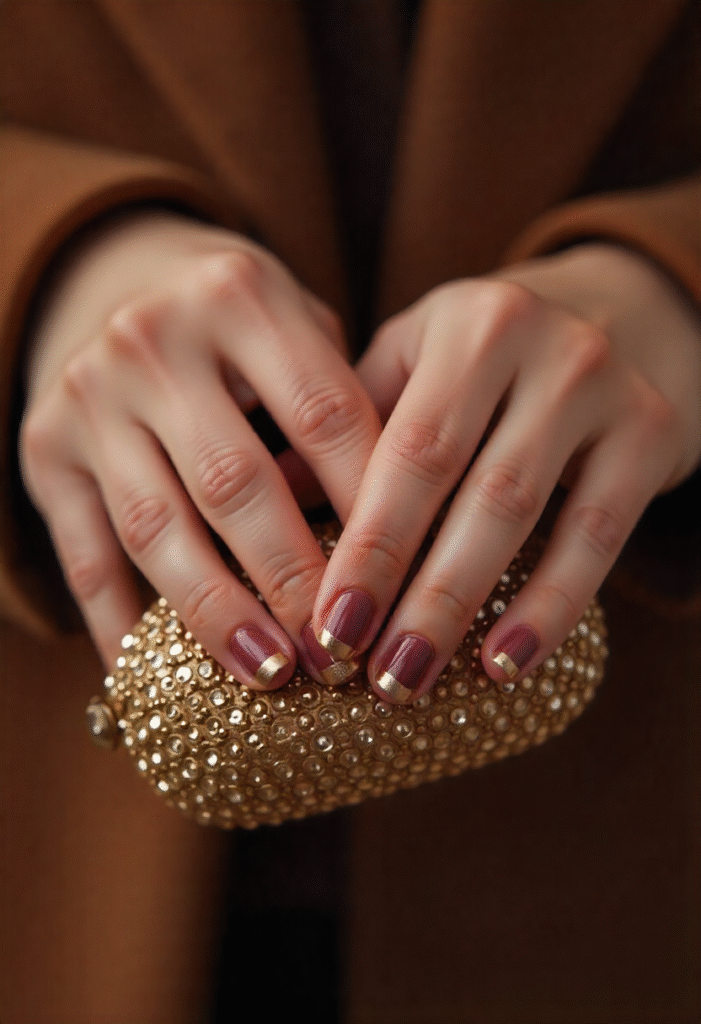 Fall manicure with metallic gold tips on a warm-toned base holding a gold accessory.”