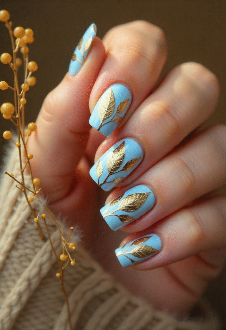 "Autumn Breeze Nail Art ideas featuring golden leaf accents, earthy gradients, sweater textures, autumn sunset colors, and pumpkin spice designs. Perfect seasonal nail inspirations for fall."