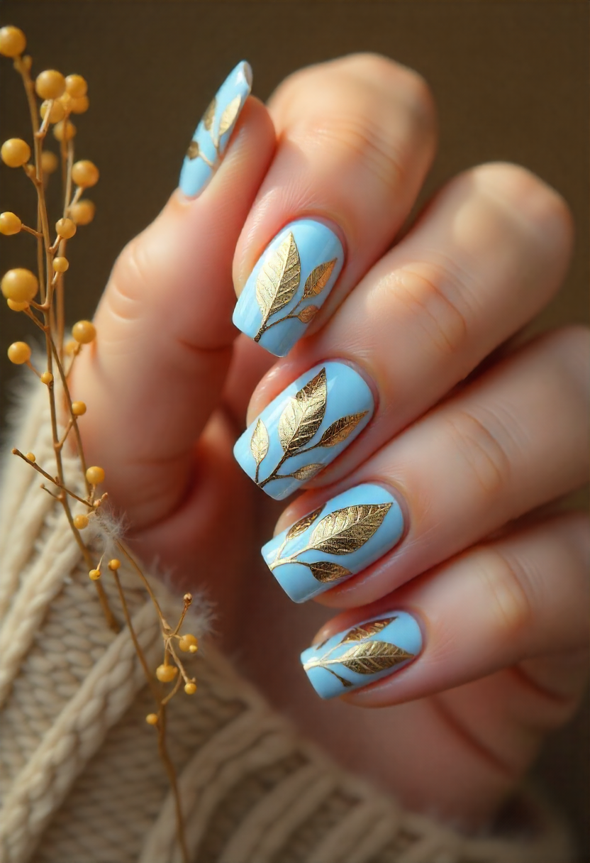 "Autumn Breeze Nail Art ideas featuring golden leaf accents, earthy gradients, sweater textures, autumn sunset colors, and pumpkin spice designs. Perfect seasonal nail inspirations for fall."