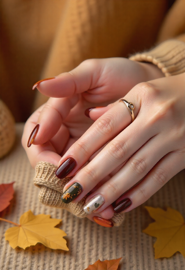 Collage of fall nail designs including burgundy accents, rusty orange ombre, olive green stripes, and neutral leaf nail art